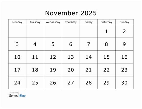 Printable November 2025 Calendar