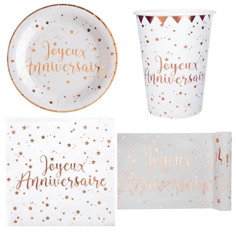 Pack Joyeux Anniversaire 10 Personnes Blanc Et Rose Gold