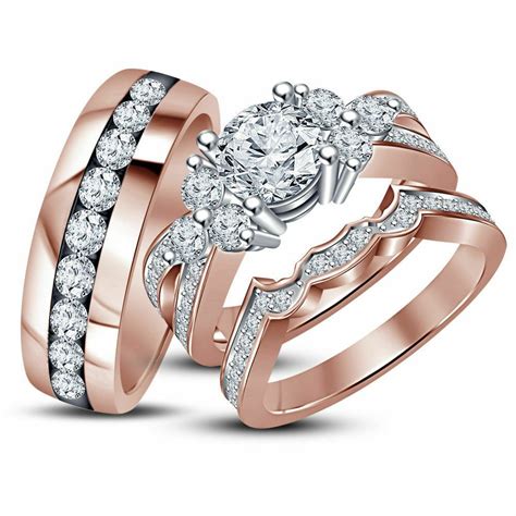 14k Rose Gold Finish His And Her Diamond Engagement Bridal Wedding Trio Ring Set Truejewelry