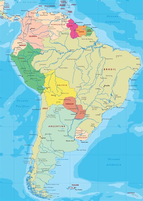 Países que apesar de compartilharem palavras, comidas e costumes têm suas características bem marcadas e um povo que lida com dificuldades diárias. Mapa Político da América do Sul