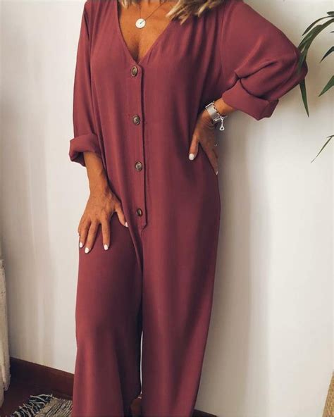 Plus Size Casual V Neck Long Sleeve Solid Jumpsuits Noracora