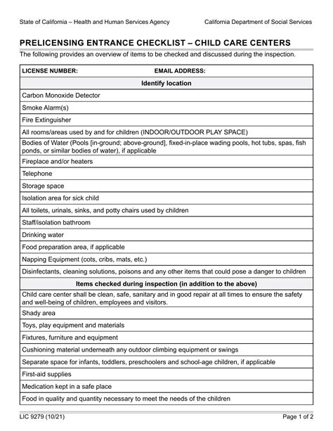 Form Lic 9279 Pre Licensing Entrance Checklist Child Care Centers