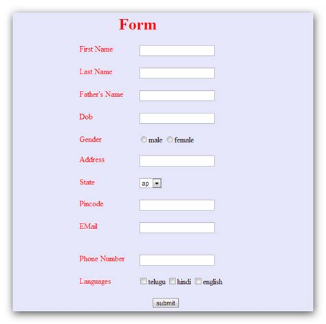 Html Code For Designing A Form Using Inline Style Sheets