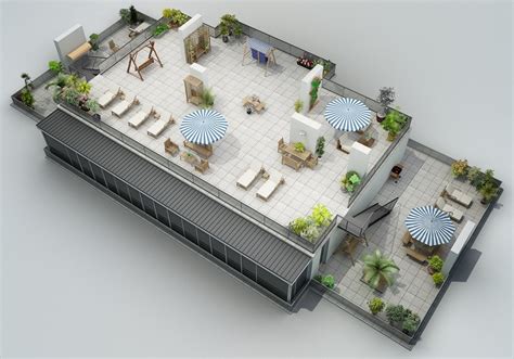 On a rooftop lounge in mexico, concrete benches topped with plush cushions are joined by a trio of wicker chairs in front of the blazing fireplace. Apartment Designs Shown With Rendered 3D Floor Plans