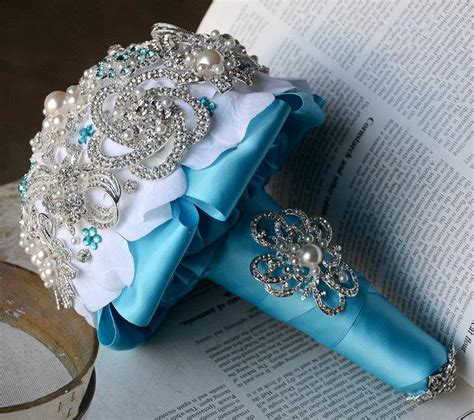 Vintage Bridal Brooch Bouquet Pearl Rhinestone Crystal Silver Teal