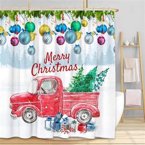 Joocar Merry Christmas Shower Curtain Xmas Ball Red Truck Retro