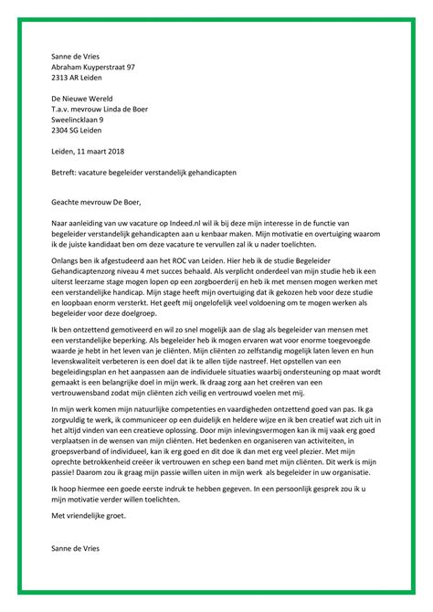 Sollicitatiebrief Begeleider Verstandelijk Gehandicapten