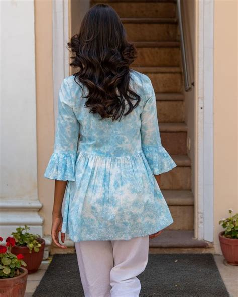 Sky Blue Pleated Tunic And White Pants Set Of Two By Chappai The