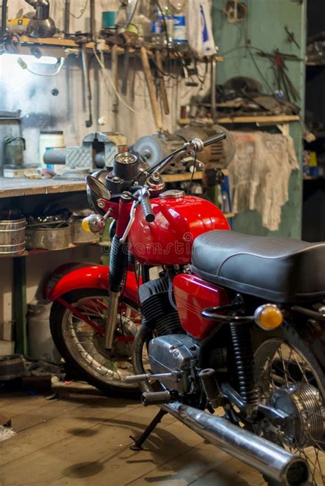 Red Vintage Motorcycle Parked In The Garage Stock Photo Image Of