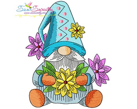 Gnome With Flowers Embroidery Design Etsy