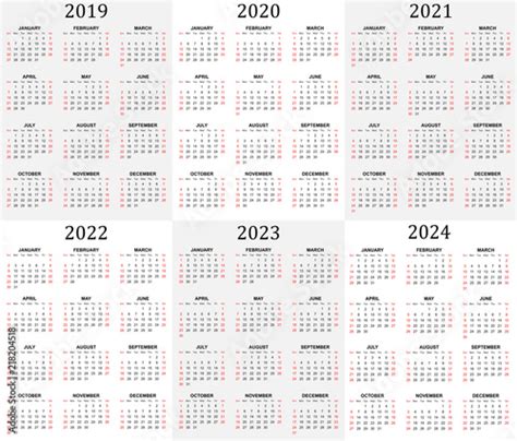 Six Year Calendar 2019 2020 2021 2022 2023 And 2024 In White And