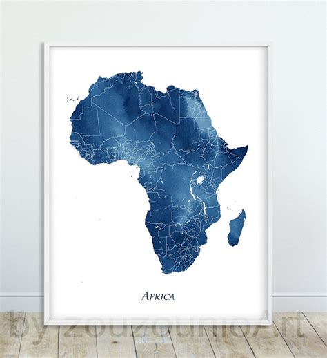 Africa Map Art Print Africa Map Wall Art Blue Watercolor Etsy