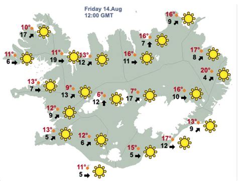 Twenty One Suns Shine On Icelandic Weather Map Iceland Monitor