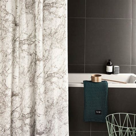 Luxury blue marble shower curtain, with 12 roller hooks, modern ocean print with waffle texture, spa hotel. Luxury Shower Curtains To Style A Modern Bathroom