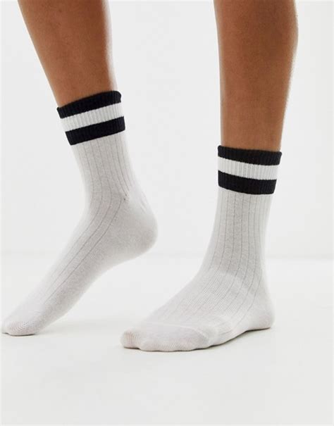 Monki Ribbed Socks With Black Stripe Detail In White Asos