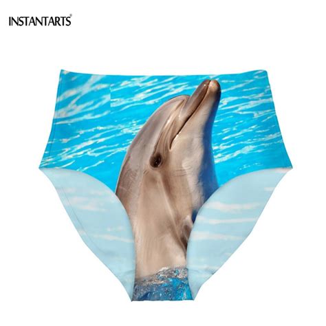 instantarts sexy bikinis bottom high waist swimwear women 3d dolphin shark print swimsuit solid