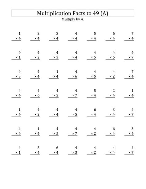 4 times table worksheets printable multiplication facts