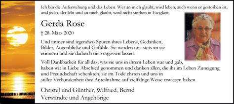 Traueranzeigen Von Gerda Rose Sich Erinnernde