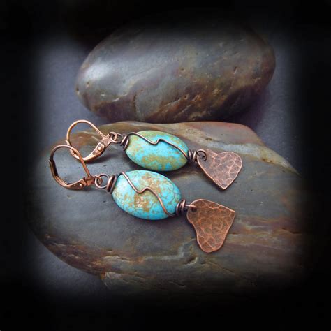 Hammered Copper Hearts And Magnesite Earrings Wire Wrapped