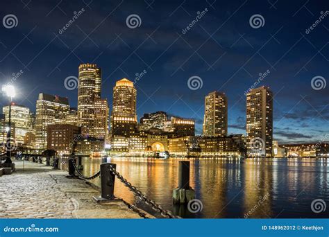 Night Skyline Boston Massachusetts Waterfront View From Fan Pier Stock