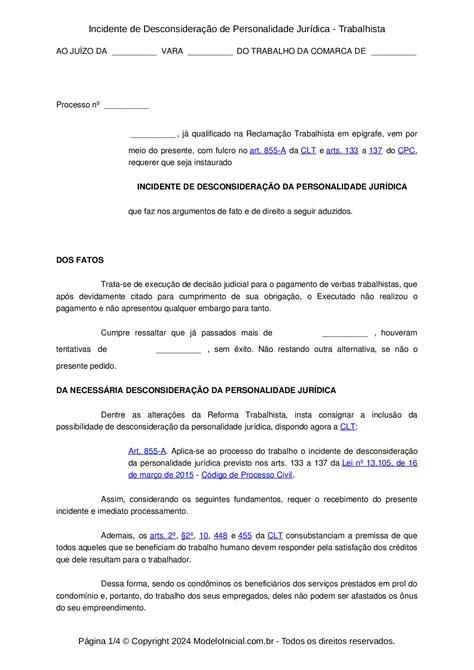 Petição Incidente De Desconsideração Da Personalidade Jurídica Trabalhista