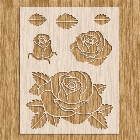 Rose Flowers Rose Bud And Leaves Stencil 85 X Etsy Rose Stencil