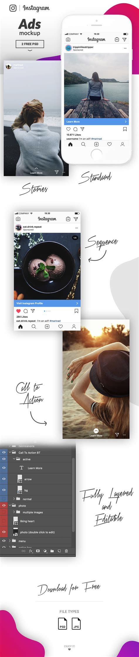This instagram mockup template makes your work easier and it uses smart objects so you can just replace your photos and social media post in just a few clicks. FREE Instagram Ads Mockup - 2018 | MarinaD