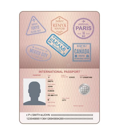 Template Of An Open Passport With Stamps Seals Travel Immigration