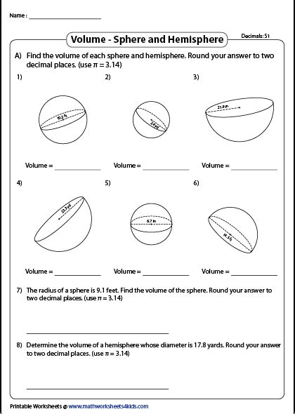 Volume Sphere And Hemisphere Worksheet