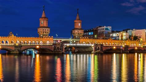 Berlin Germany City River Bridge Houses Lights Night Wallpaper