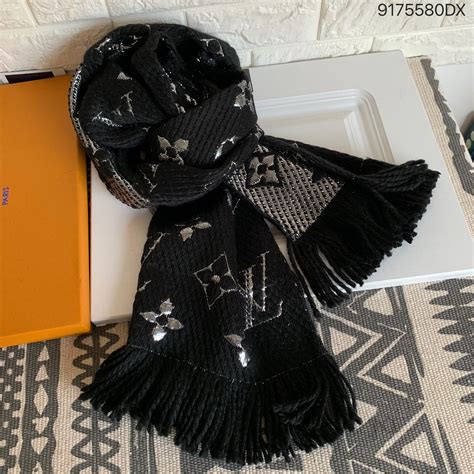 Louis Vuitton Lv Woman Knitted Wool Scarf Black Silver Lv Scarf Wool