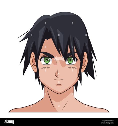 Portrait Visage Manga Anime Homme Cheveux Noirs Yeux Verts Image