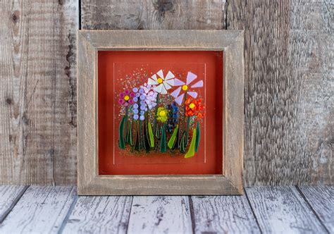 Wild Flower Fused Glass Textured Picture With Wooden Frame Etsy Uk Glass Texture Flower