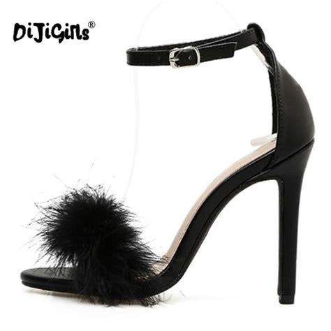 Dijigirls 2018 New Women Sandals Stiletto Feather Hairy Buckle Strap