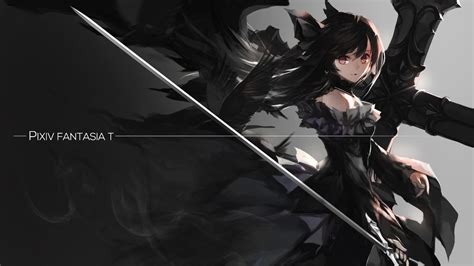 Anime Girl With Black Hair And Red Eyes And Sword