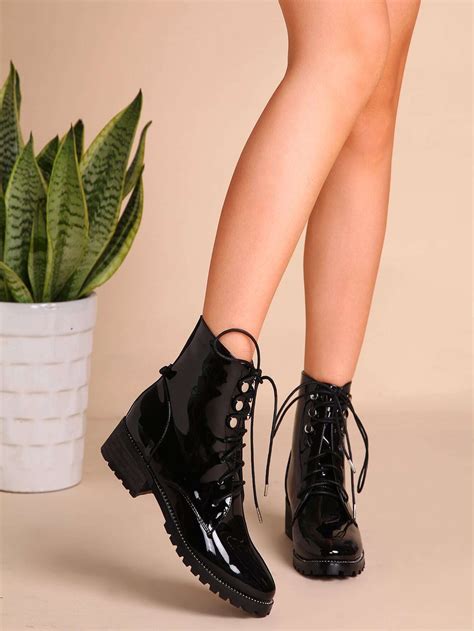black patent leather lace up booties shein sheinside