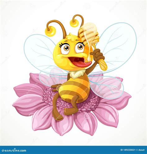 Cute Bee Sitting On A Pink Flower And Eats Honey With Wooden Dipper