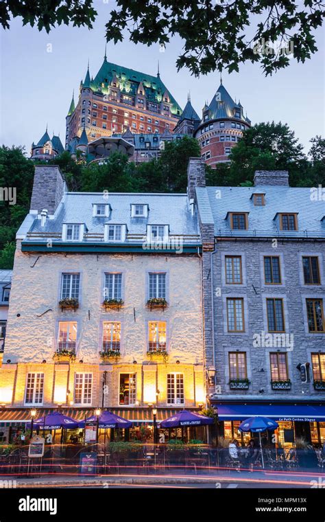 Quebec Canada Lower Town Boulevard Champlain Fairmont Le Chateau Frontenac Hotel Dusk Evening