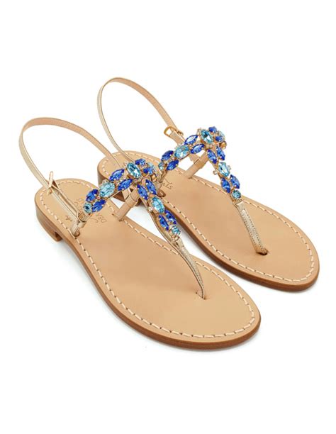Faraglioni Blue Sandals Thong In Platinum Gold Laminated Leather