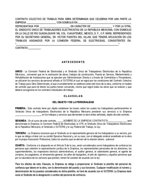 Contrato Colectivo De Trabajo Para Obra Determinada Derecho Laboral