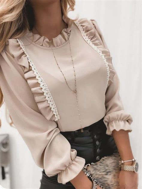 Stylewe Long Sleeve Apricot Women Blouses And Shirts Romantic Polyester