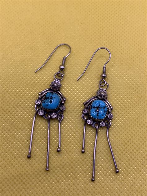 Vintage Sterling Silver Turquoise Dangle Earrings Signed Percy Pre