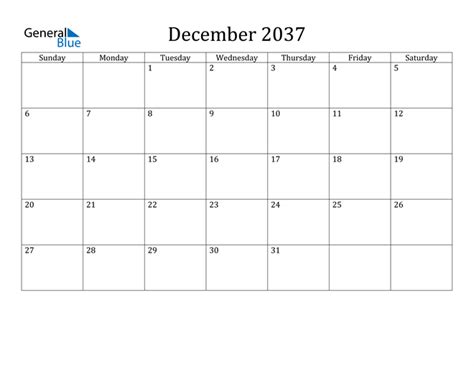 December 2037 Calendar Pdf Word Excel