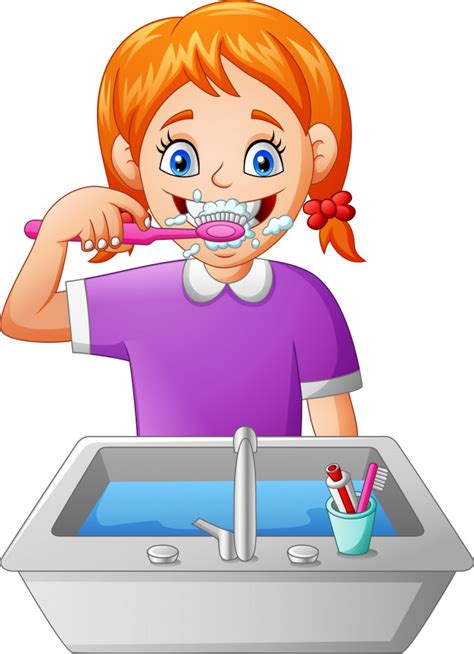 Caractère de dent de dessin animé mignon en bonne santé souriant joyeusement dent avec un dentifrice. Fille De Dessin Animé Se Brosser Les Dents | Vecteur Premium