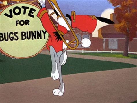 a cartoon character holding a sign that says vote for bugs bunny on it s back
