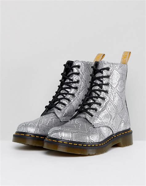 Dr Martens Leather Silver Snake Lace Up Boots In Metallic Lyst