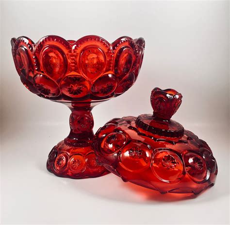 L E Smith Glass Company Moon And Stars Ruby Red Mid Century Covered Pedestal Comport Or Candy