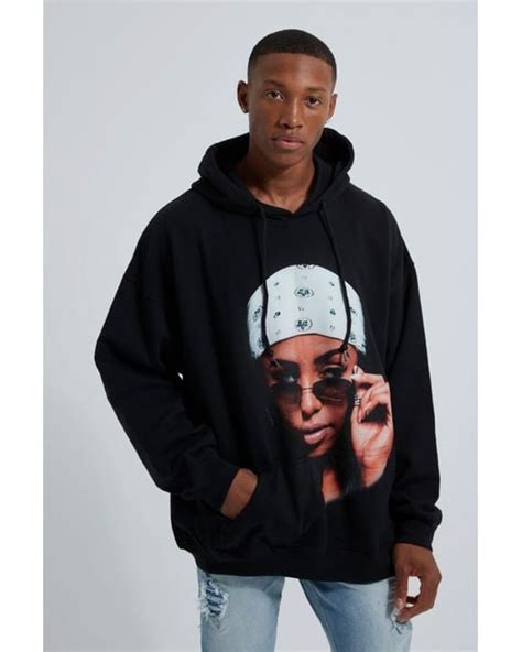 Boohooman Cotton Oversized Aaliyah Photo License Hoodie In Black For
