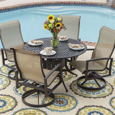 Acadia 5 Piece Sling Patio Dining Set With Swivel Rockers And Round