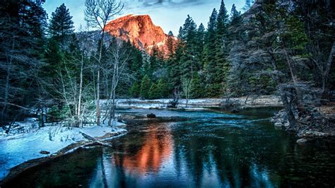 Nature River Mountain Forest Trees Landscape Snow Winter Pine Trees Reflection Water